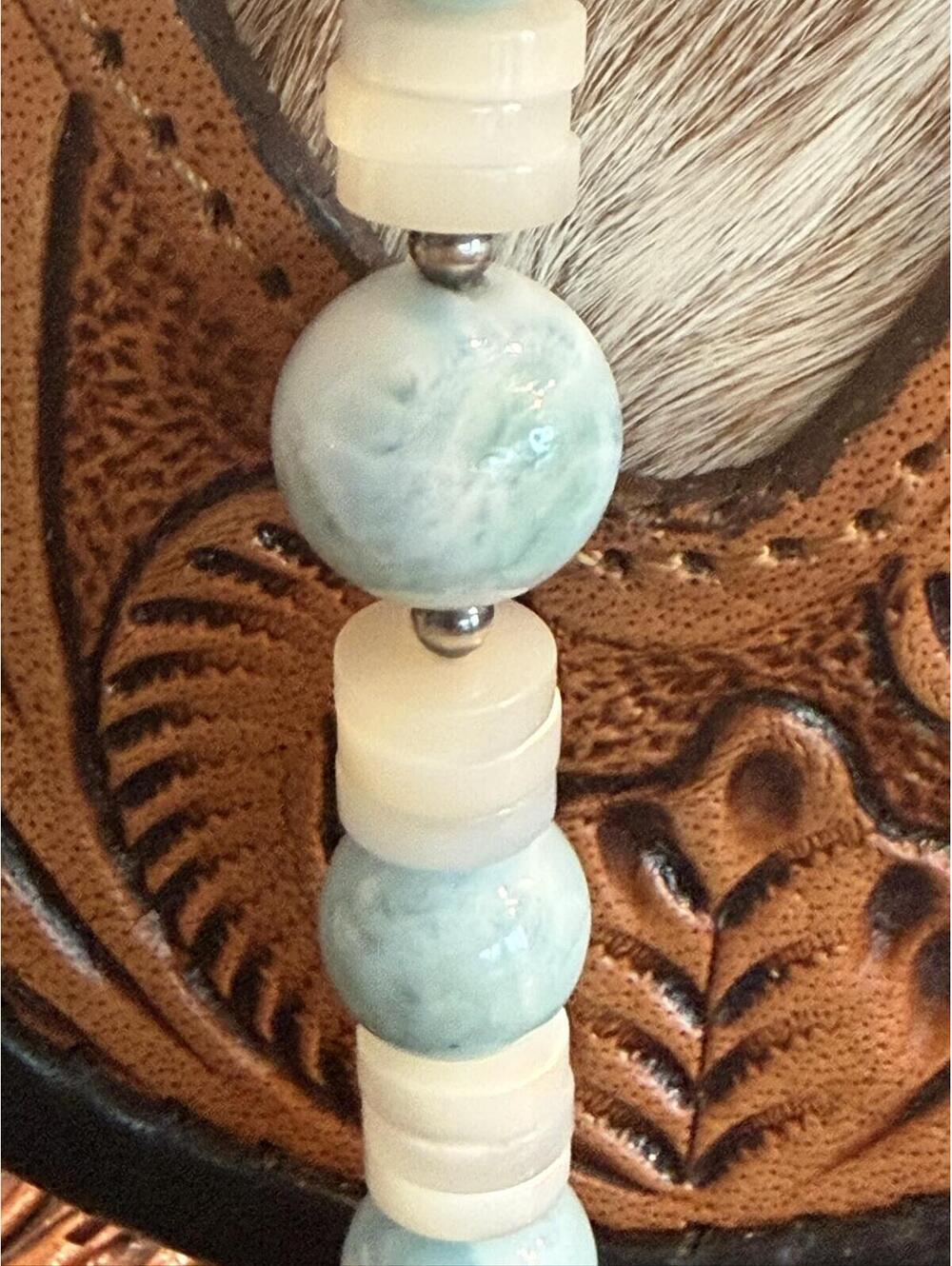 Coastal Caribbean Larimar & MOP White Shell Heishi Lariat Necklace 20 - 22" - Picture 9 of 9